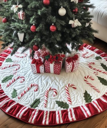 Candy Cane Tree Skirt With Red Striped Border — Custom-Made Holiday Accent, Durable Print, Perfect For Classic Christmas Trees