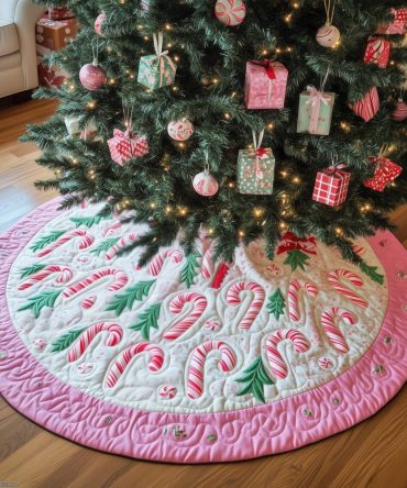 Pink Candy Cane Christmas Tree Skirt With Coordinated Pink Border — Custom Made For Girls, Pastel Holiday Décor, Soft Fabric
