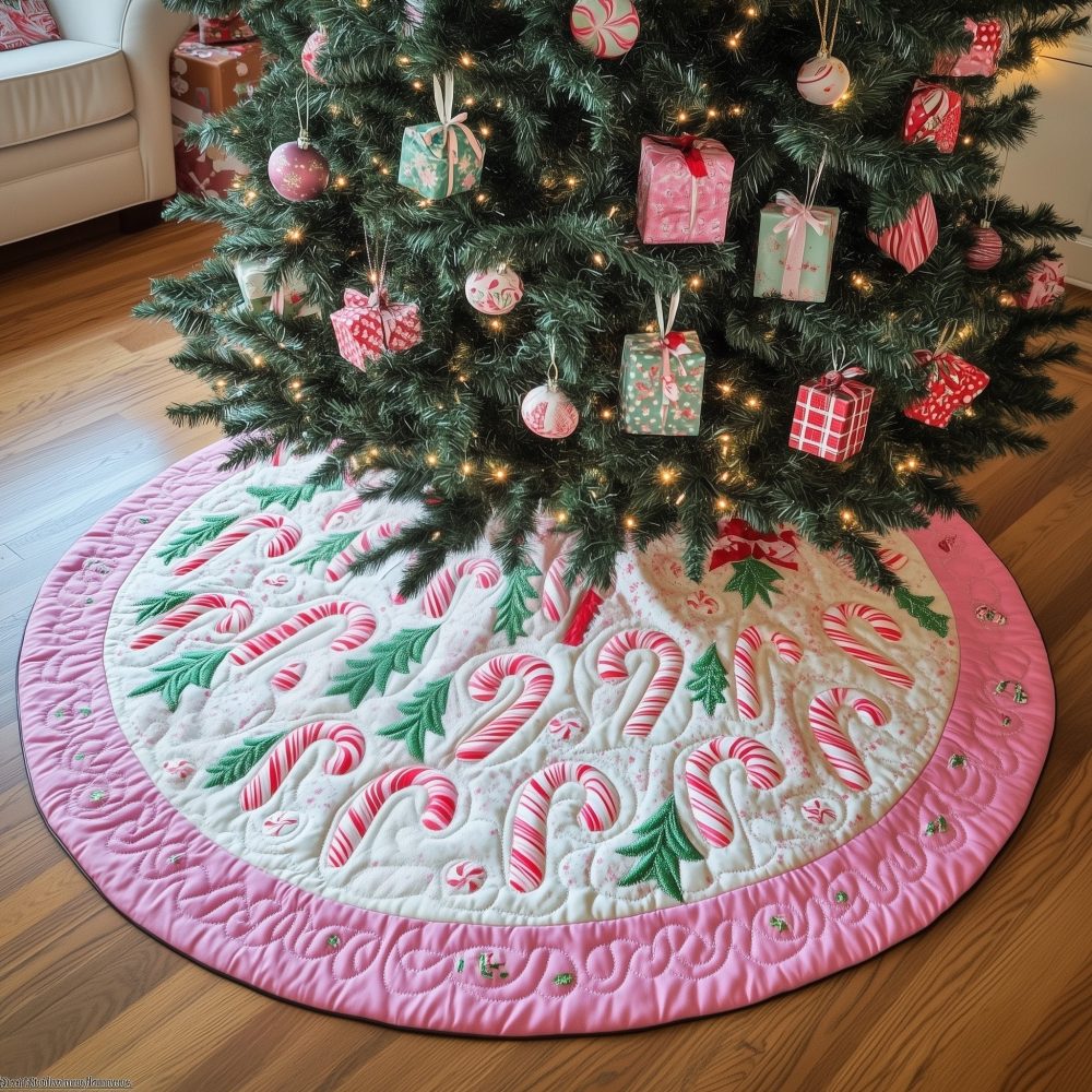 Pink Candy Cane Christmas Tree Skirt With Coordinated Pink Border — Custom Made For Girls, Pastel Holiday Décor, Soft Fabric
