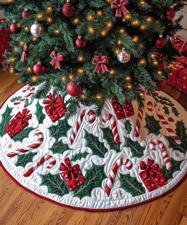 Candy Canes, Holly & Red Gift Motif Christmas Tree Skirt — Made To Order, Premium Textiles, Perfect Holiday Gift Wrap Accent