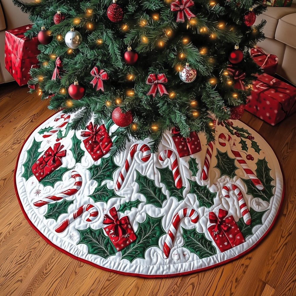 Candy Canes, Holly & Red Gift Motif Christmas Tree Skirt — Made To Order, Premium Textiles, Perfect Holiday Gift Wrap Accent
