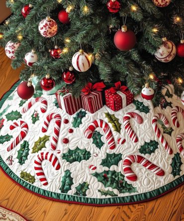 Classic Candy Cane And Holly Green-Edged Christmas Tree Skirt — Custom Handmade, Festive Durable Fabric, Multiple Sizes