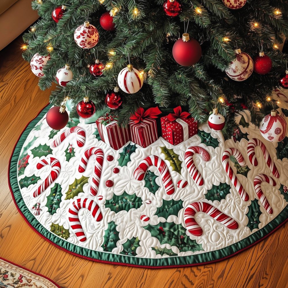 Classic Candy Cane And Holly Green-Edged Christmas Tree Skirt — Custom Handmade, Festive Durable Fabric, Multiple Sizes