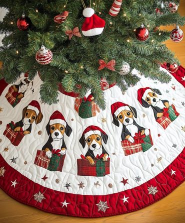 Santa Hat Beagle Christmas Tree Skirt - Red Quilted Holiday Mat With Festive Dogs, Handmade, Custom Sizes Available, Made-To-Order