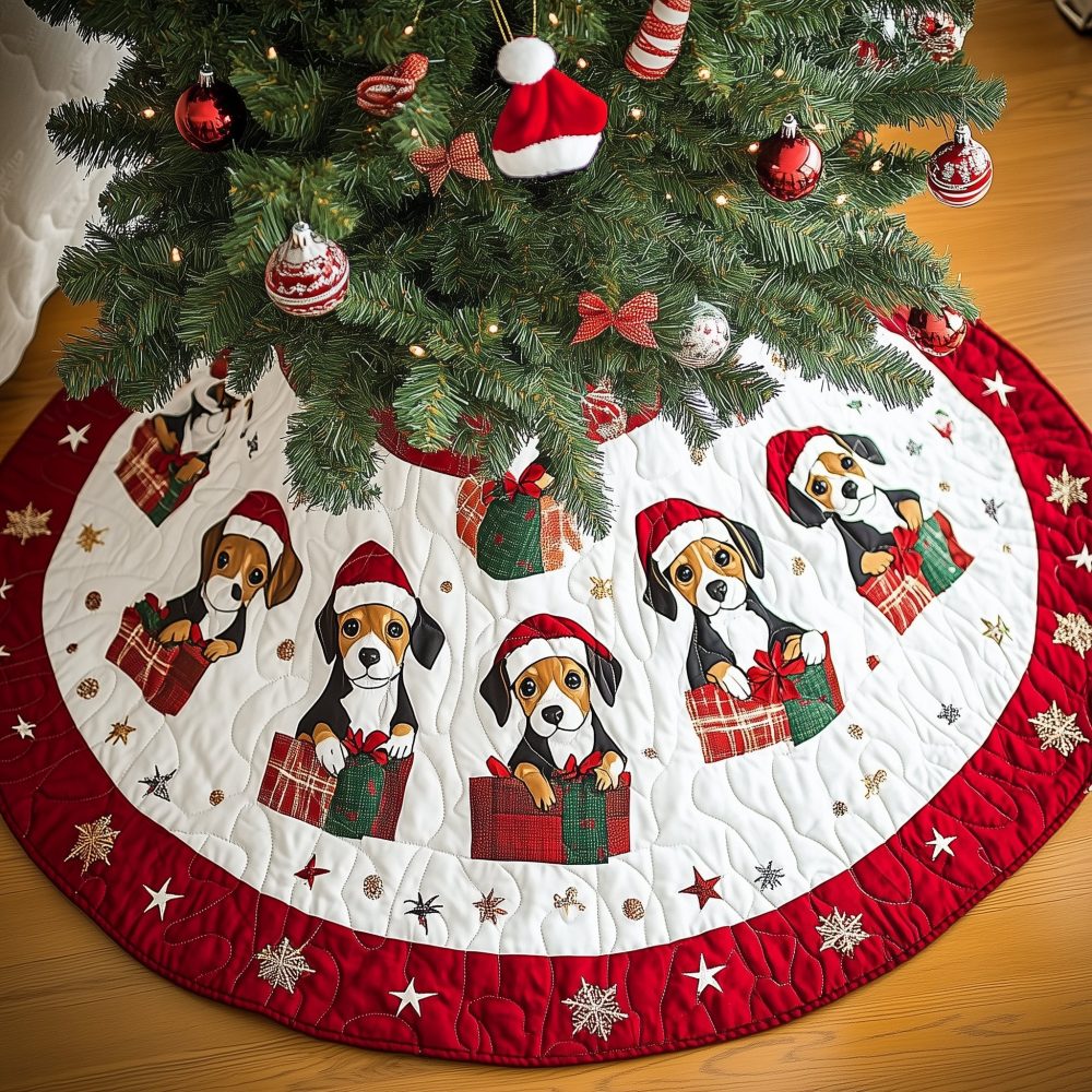 Santa Hat Beagle Christmas Tree Skirt - Red Quilted Holiday Mat With Festive Dogs, Handmade, Custom Sizes Available, Made-To-Order