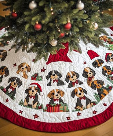 Snowy Gift-Giving Beagle Puppy Tree Skirt - Quilted Holiday Scene With Presents, Handmade Custom Christmas Mat, Made-To-Order