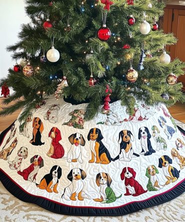 Navy Hem Beagle Line Christmas Tree Skirt - Elegant Quilted Holiday Floor Mat, Custom Navy Trim, Handmade And Made-To-Order