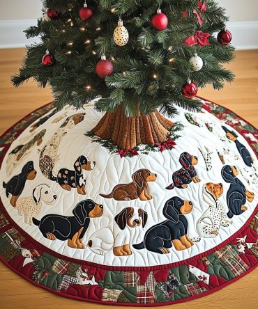 Beagle & Dachshund Wine-Themed Christmas Tree Skirt - Handcrafted Quilted Pet Lover Holiday Mat, Custom Colors & Made-To-Order