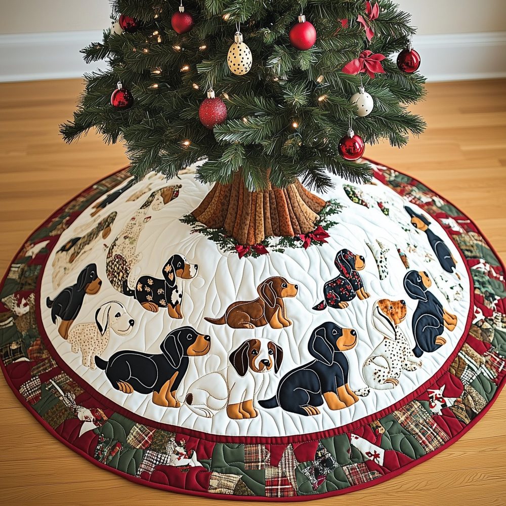 Beagle & Dachshund Wine-Themed Christmas Tree Skirt - Handcrafted Quilted Pet Lover Holiday Mat, Custom Colors & Made-To-Order