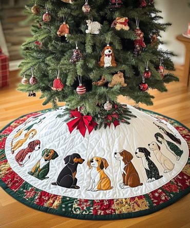 Patch-Border Beagle Christmas Tree Skirt - Quilted Row Of Beagles, Country Holiday Accent, Handmade Custom, Made-To-Order