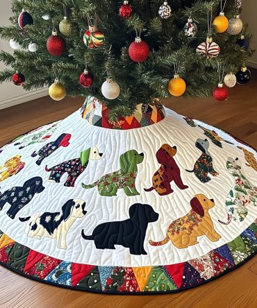 Calico Puppy Quilt-Edge Christmas Tree Skirt - Cozy Patchwork Holiday Decor, Custom Quilted, Handmade To Order For Pet Lovers