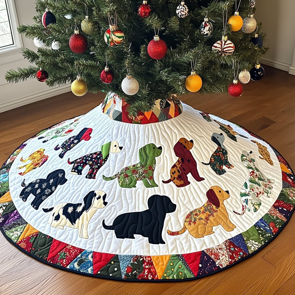 Calico Puppy Quilt-Edge Christmas Tree Skirt - Cozy Patchwork Holiday Decor, Custom Quilted, Handmade To Order For Pet Lovers