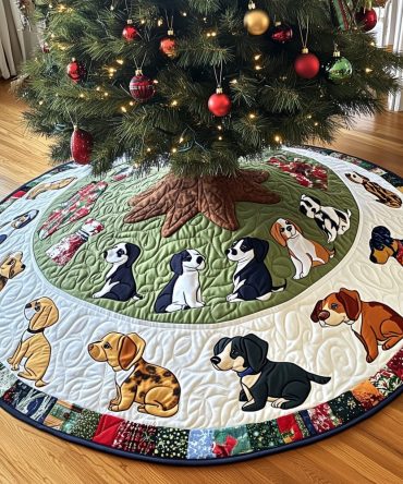 Green Meadow Puppy Ring Christmas Tree Skirt - Handmade Quilted Holiday Mat With Charming Pup Motif, Custom Made-To-Order Décor