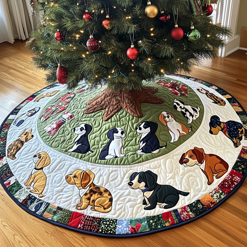 Green Meadow Puppy Ring Christmas Tree Skirt - Handmade Quilted Holiday Mat With Charming Pup Motif, Custom Made-To-Order Décor