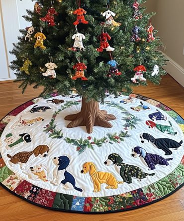 Adorable Puppy Parade Tree Skirt - Round Quilted Christmas Tree Cover, Handmade Custom Holiday Décor, Made-To-Order