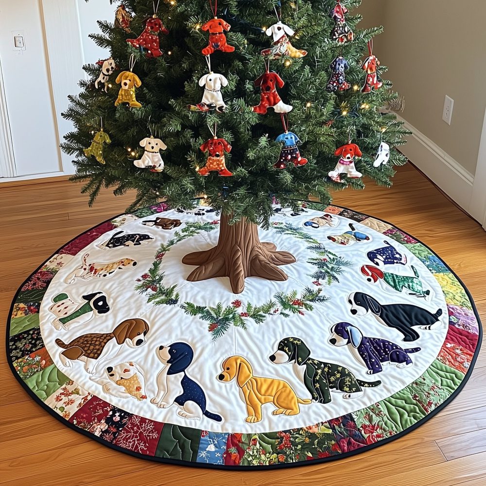 Adorable Puppy Parade Tree Skirt - Round Quilted Christmas Tree Cover, Handmade Custom Holiday Décor, Made-To-Order