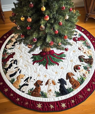 Crimson Bow Beagle Christmas Tree Skirt - Handcrafted Quilted Holiday Layer, Personalized Design, Made-To-Order Gift For Dog Owners