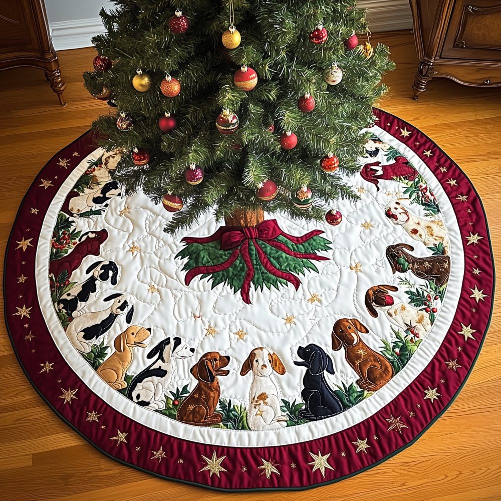 Crimson Bow Beagle Christmas Tree Skirt - Handcrafted Quilted Holiday Layer, Personalized Design, Made-To-Order Gift For Dog Owners