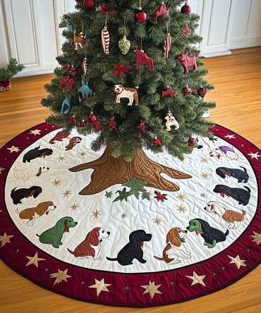 Ruby Hem Puppy & Star Christmas Tree Skirt - Custom Quilted Holiday Accent For Dog Lovers, Handmade To Order