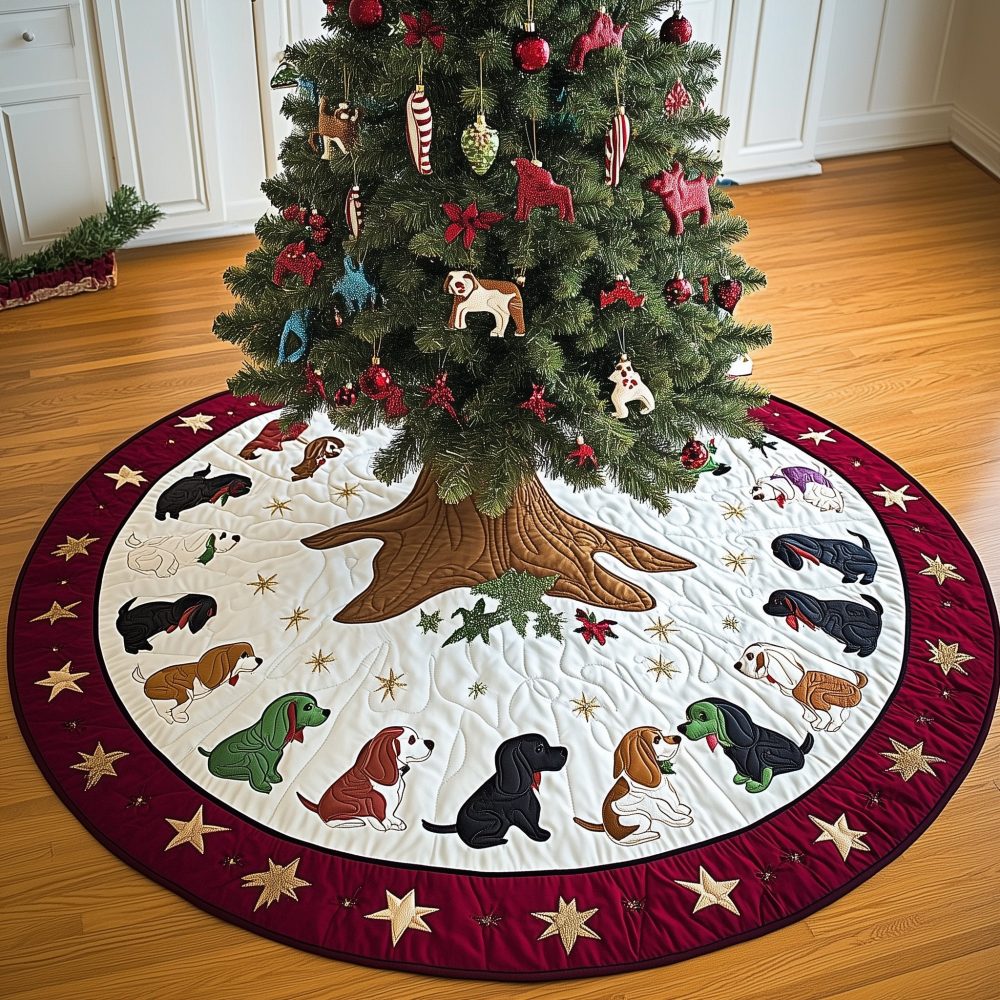 Ruby Hem Puppy & Star Christmas Tree Skirt - Custom Quilted Holiday Accent For Dog Lovers, Handmade To Order