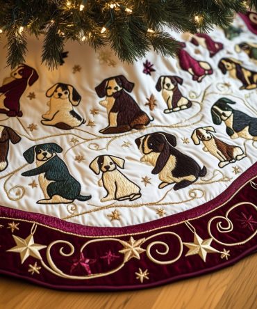 Custom Quilted Beagle Puppies Christmas Tree Skirt - Gold-Trim Holiday Décor, Handmade, Personalized, Made-To-Order