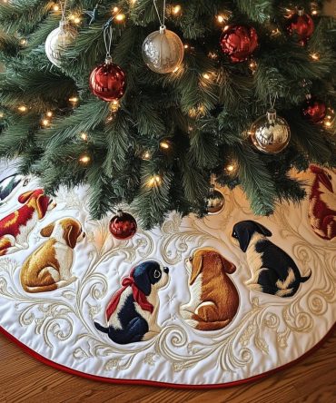 Gold Scroll Beagle Pups Tree Skirt - Custom Made-To-Order Christmas Collar For Puppy Lovers, Handmade Holiday Decor Gift