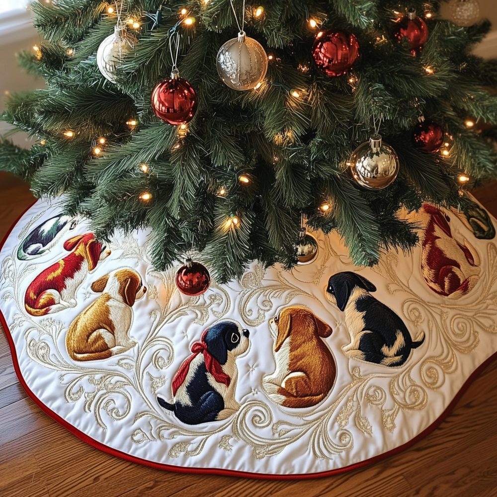 Gold Scroll Beagle Pups Tree Skirt - Custom Made-To-Order Christmas Collar For Puppy Lovers, Handmade Holiday Decor Gift