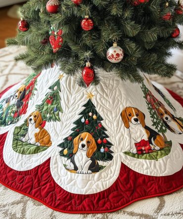Beagles By The Christmas Tree Skirt - Handcrafted Holiday Tree Collar Featuring Dogs, Custom Made-To-Order Gift For Pet Parents