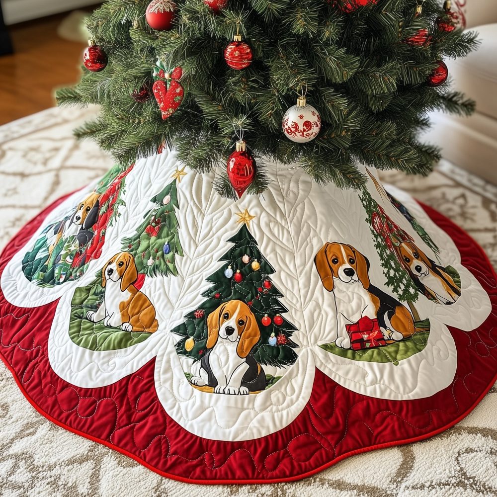 Beagles By The Christmas Tree Skirt - Handcrafted Holiday Tree Collar Featuring Dogs, Custom Made-To-Order Gift For Pet Parents