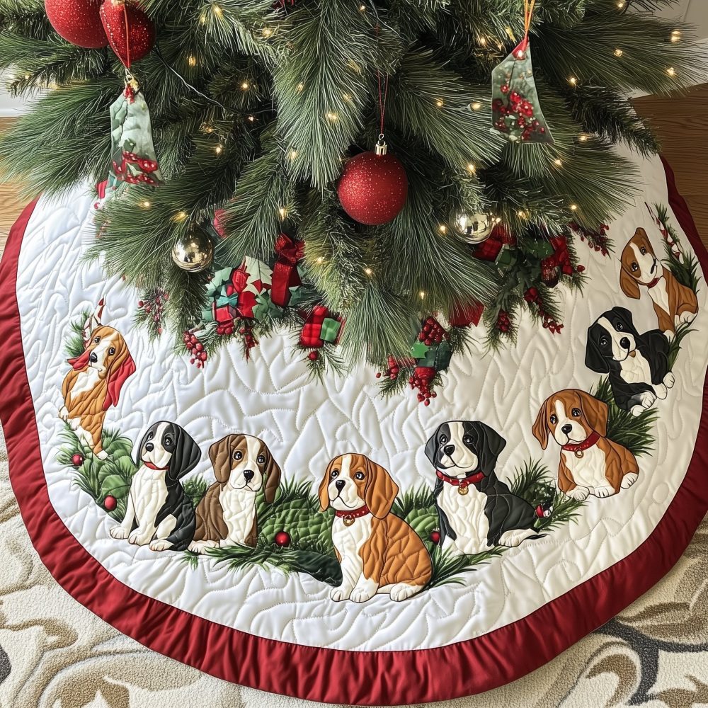 Holly Sprigs Beagles Christmas Tree Skirt - Festive Made-To-Order Tree Collar For Dog Lovers, Personalized Pet Holiday Decor