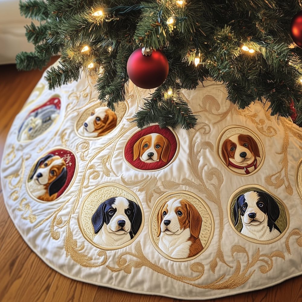 Beagle Portrait Medallions Christmas Tree Skirt - Personalized Pet Tree Collar, Handmade Made-To-Order Gift For Dog Owners