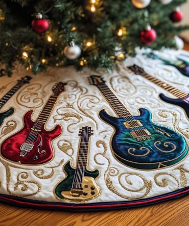 Gold Swirl Electric Guitars Holiday Tree Skirt - Premium Made-To-Order Christmas Tree Collar For Musicians & Fans