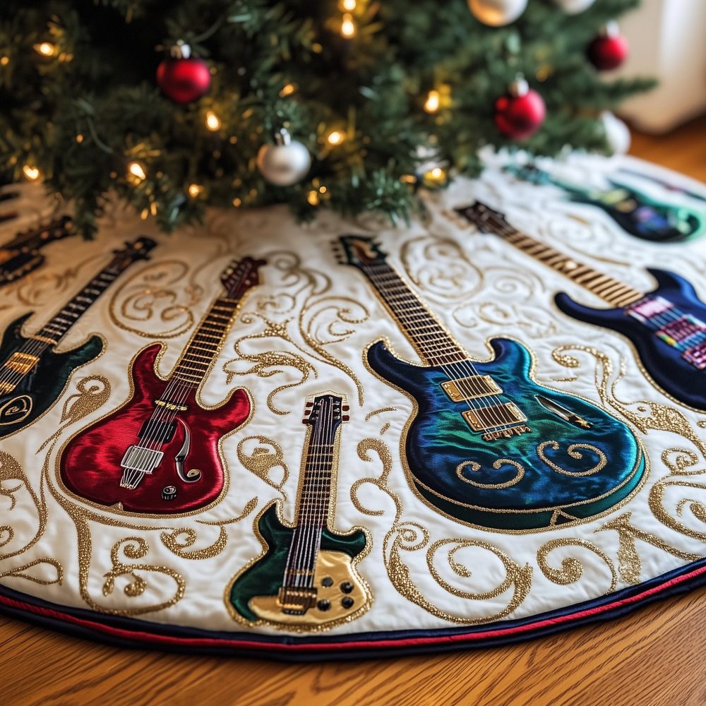 Gold Swirl Electric Guitars Holiday Tree Skirt - Premium Made-To-Order Christmas Tree Collar For Musicians & Fans
