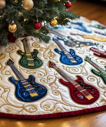 Ruby & Snow Guitar Fan Holiday Tree Skirt - Custom Music-Themed Christmas Tree Collar For Musicians & Bands