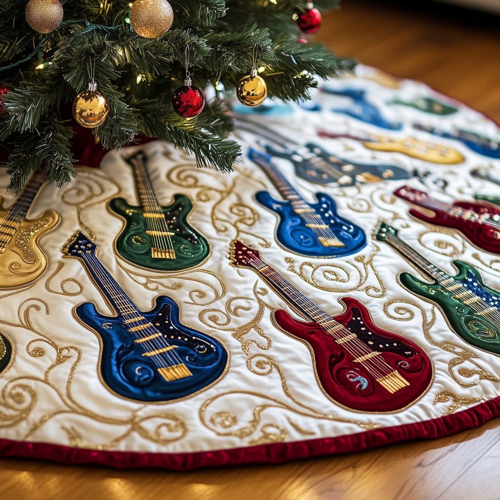 Ruby & Snow Guitar Fan Holiday Tree Skirt - Custom Music-Themed Christmas Tree Collar For Musicians & Bands