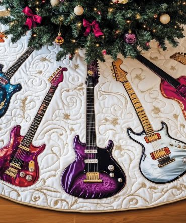 White Christmas Tree Skirt With Gold Scroll Guitars - Custom Made Tree Collar For Guitarists & Holiday Decor