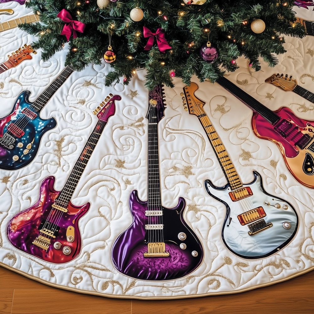 White Christmas Tree Skirt With Gold Scroll Guitars - Custom Made Tree Collar For Guitarists & Holiday Decor