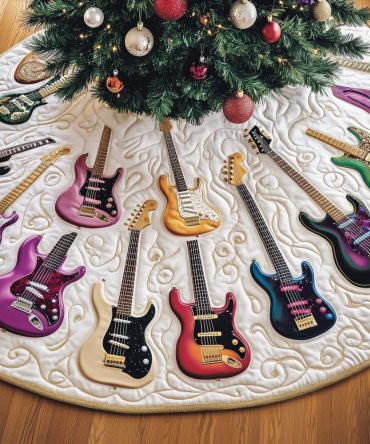 Purple & Pearl Guitar Trio Tree Skirt - Custom Holiday Tree Collar For Guitar Lovers, Made-To-Order
