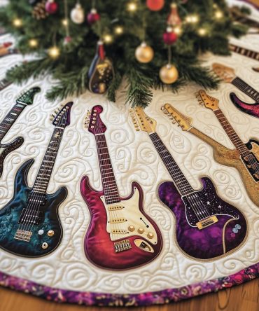Handcrafted Magenta Guitar Fan Christmas Tree Skirt - Personalized Holiday Tree Collar For Musicians & Music Lovers