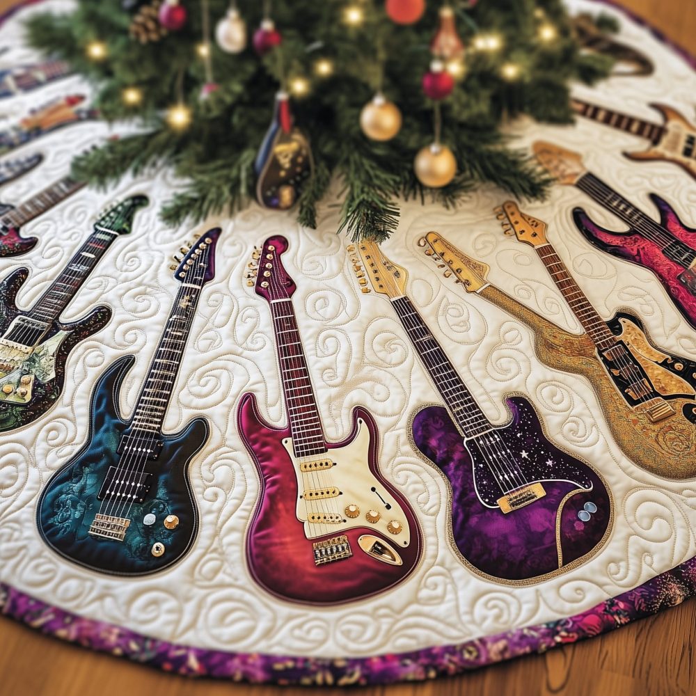Handcrafted Magenta Guitar Fan Christmas Tree Skirt - Personalized Holiday Tree Collar For Musicians & Music Lovers