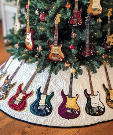Jewel Guitar Trio On Rose Hem Tree Skirt — Custom-Made Handcrafted Christmas Skirt, Gem-Toned Musical Elegance