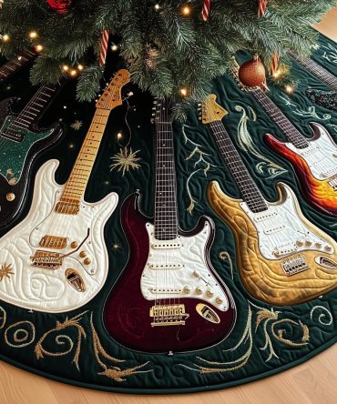 Guitar Spread On Snow-White Tree Skirt — Custom Handmade Holiday Skirt, High-Contrast Musical Design For Modern Trees