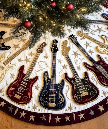 Cream And Star Guitar Christmas Tree Skirt — Custom Made, Elegant Music-Themed Holiday Accessory, Several Sizes Available