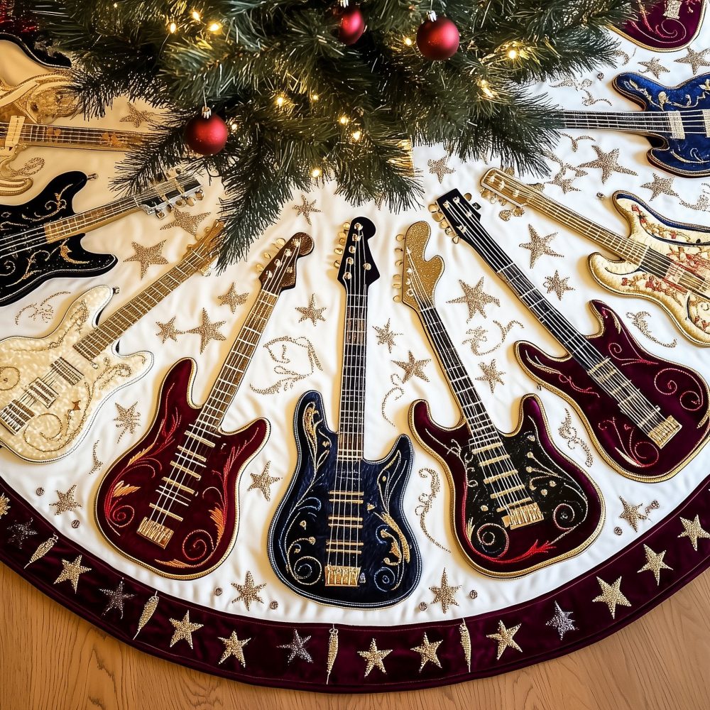 Cream And Star Guitar Christmas Tree Skirt — Custom Made, Elegant Music-Themed Holiday Accessory, Several Sizes Available