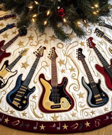 Candy Cane Border Guitar Christmas Tree Skirt — Custom Made, Vibrant Holiday Musician Decor, Durable Fabric, Fast Delivery