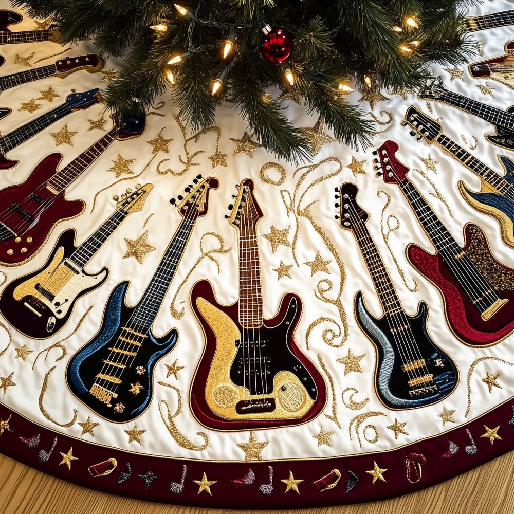 Candy Cane Border Guitar Christmas Tree Skirt — Custom Made, Vibrant Holiday Musician Decor, Durable Fabric, Fast Delivery