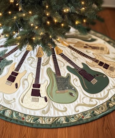 Custom Guitar-Themed White Christmas Tree Skirt With Sage Border — Premium Cotton Blend, Personalized Fit, Great Gift