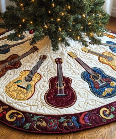 Emerald Vine Guitar Christmas Tree Skirt — Made-To-Order Handcrafted Musical Décor, Lush Green Design & Custom Options