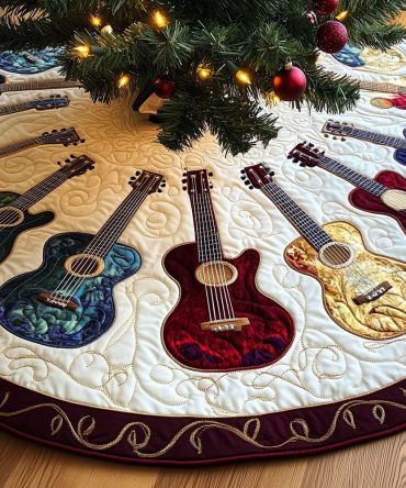 Acoustic Trio On Paisley Rim Tree Skirt — Handmade Custom Christmas Skirt, Musical Centerpiece With Boho Flair