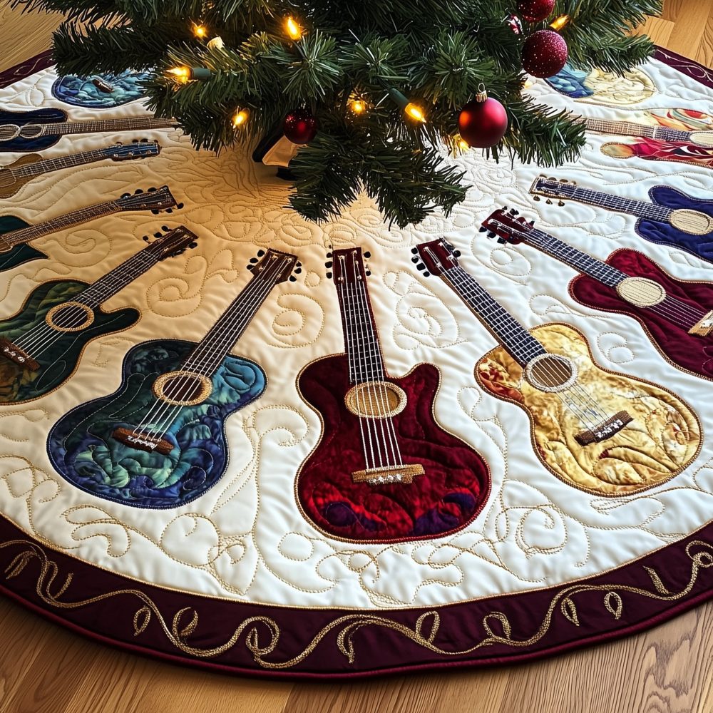 Acoustic Trio On Paisley Rim Tree Skirt — Handmade Custom Christmas Skirt, Musical Centerpiece With Boho Flair